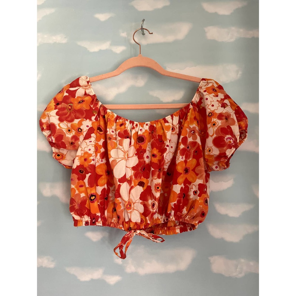 Orange Red Floral Print Peasant Crop Top Summer Hippie Boho Chic XS S M 0 2 4